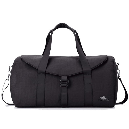 A black duffel bag with a flap, adjustable shoulder strap, and dual handles. It features a logo on the side.