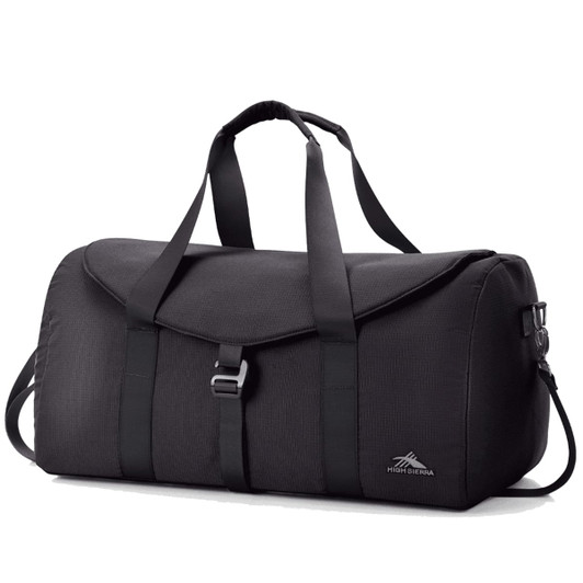 A black duffel bag with adjustable straps, a flap closure, and a logo on the side.