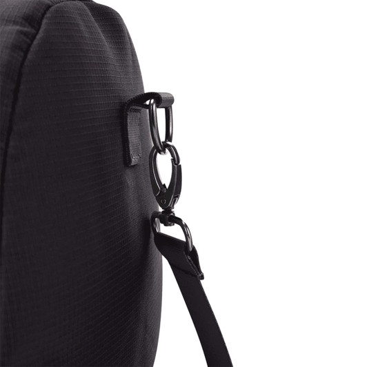 A black duffel bag featuring a sturdy strap attachment point with a metal clip.