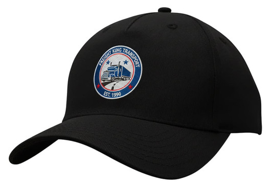 A black cotton twill cap featuring a logo and a curved brim. The cap has a buckle strap at the back.