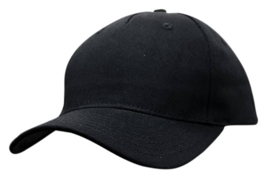 A black cotton twill cap with a buckle and a curved brim, featuring a logo.