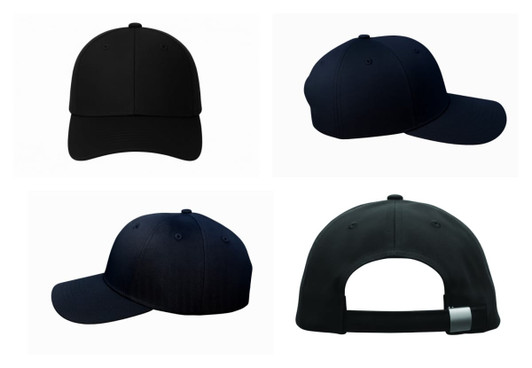 A navy cotton twill cap with a buckle, featuring a smooth design and logo emblem. Multiple angles are displayed.