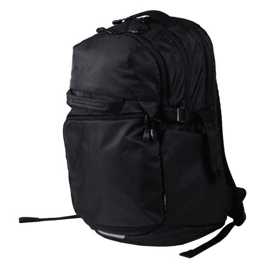 A black computer backpack with multiple compartments and adjustable straps, featuring a logo on the front.