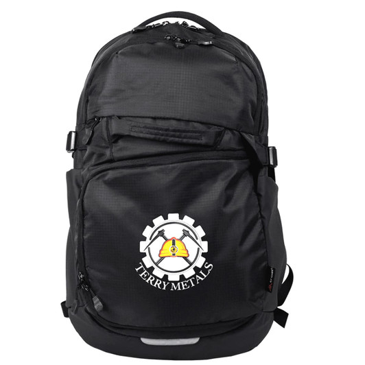 A black computer backpack with multiple compartments and a logo on the front, featuring a gear design.
