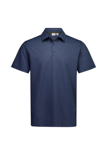 A navy short sleeve polo shirt with a collar and three buttons, featuring a logo on the chest area.