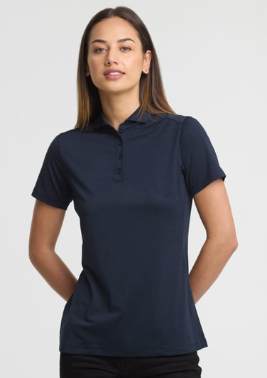 A women's short sleeve polo in navy blue, featuring a collar and a logo on the chest.