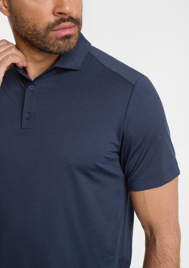 A navy blue short sleeve polo shirt for men, featuring a collar and a logo on the chest.