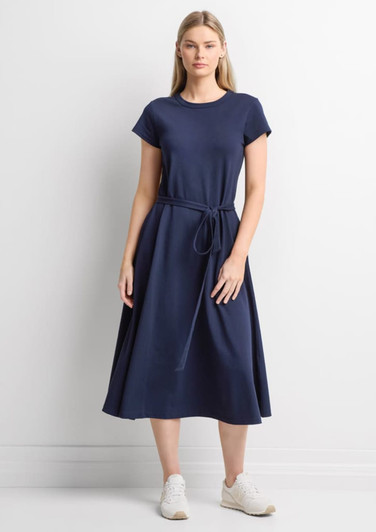 A navy midi dress with short sleeves and a tie waistband, featuring a flowing skirt. It has a logo on the fabric.