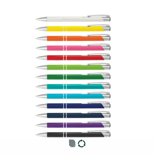 A collection of metal pens in various colours, including white, orange, pink, green, blue, and purple, each with a silver clip.
