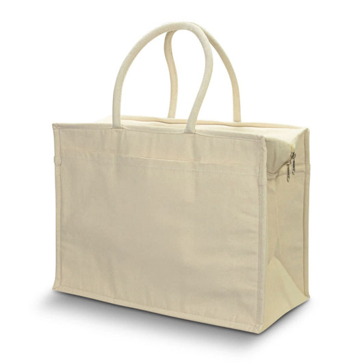 A large beige shopping cooler tote with sturdy handles and a zippered compartment. Features a simple design.
