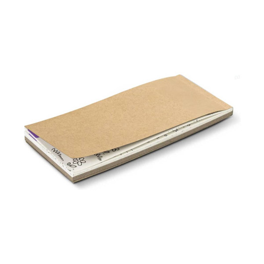 A watercolour bookmark pad featuring a thick brown cover with multiple white pages inside. It has a logo on the front.
