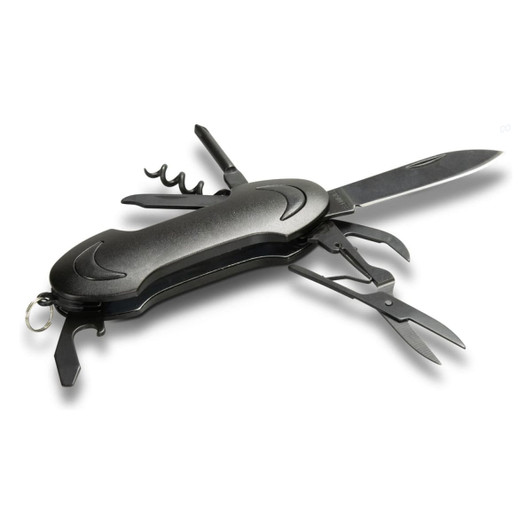 A black multi-function pocket knife featuring various tools including a knife, scissors, and a corkscrew.