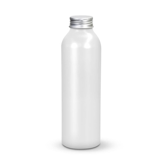 A drink bottle in a sleek white finish with a silver metal cap and a brand logo.