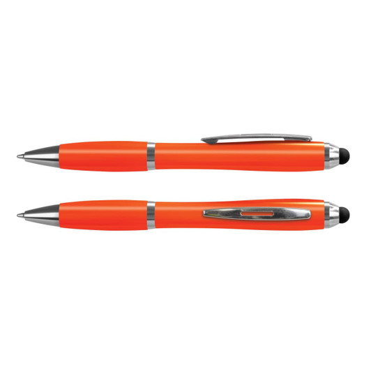 A set of orange stylus pens with silver accents and logos, featuring smooth writing tips and touch screen compatibility.