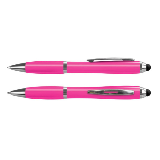 A pink stylus pen with a shiny silver clip and detailing, featuring a dual-tip design.