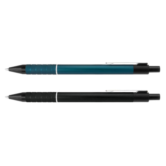 Two metal pens are displayed: one in teal with a textured grip and one in sleek black, both featuring clips and branding.