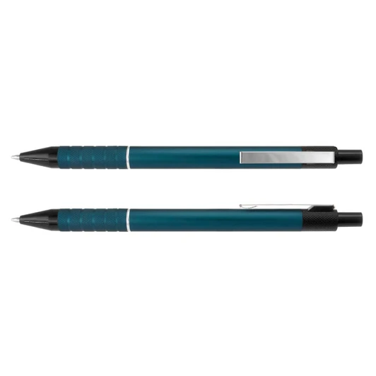 A metal pen in a teal colour with a textured grip and a silver clip, featuring a logo.