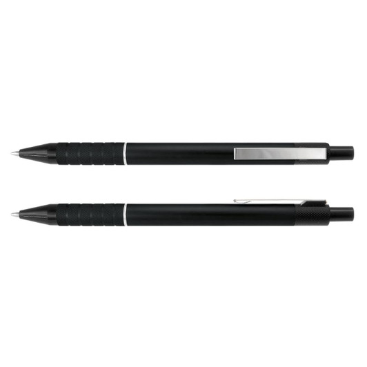 A black metal pen with a textured grip and silver accents, featuring a clip and a sleek design.