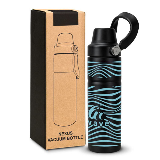 A drink bottle in black with blue wave patterns, accompanied by a box featuring a logo and product details.