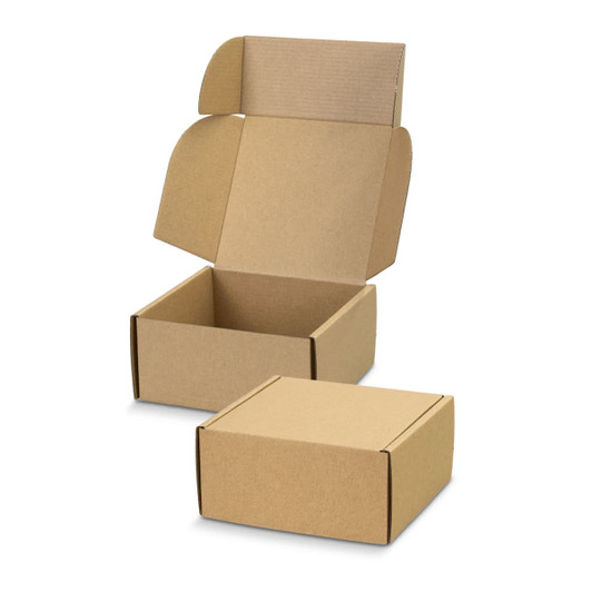 A die cut box with a locking lid, featuring a brown kraft finish, partially open with another closed box beside it.