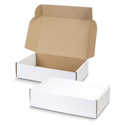 A white die cut box with a locking lid, featuring a brown interior, and a slightly open design.