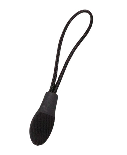 A black changeable zip puller with a looped cord for easy attachment. It has a textured grip for better handling.