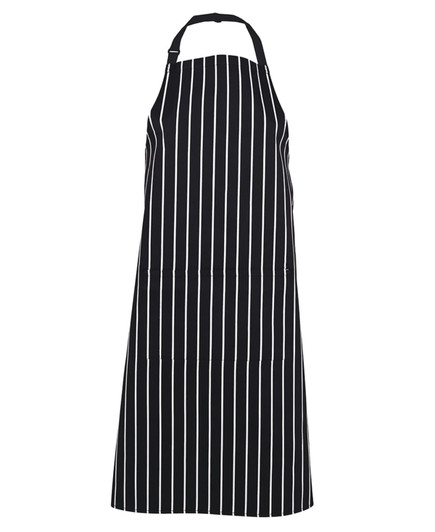 A striped black and white apron with a pocket and adjustable neck strap. It features a logo on the front.