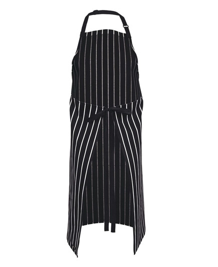 A black and white striped apron featuring a tie waist and adjustable neck strap, with a logo present.