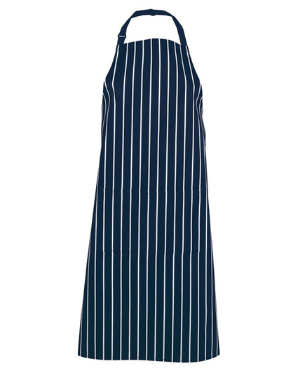 A navy striped apron featuring a logo, designed for workwear with a simple, professional look.