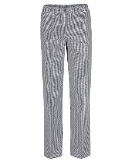 Elasticated chef pants in a black and white check pattern, featuring a relaxed fit and an elastic waistband.