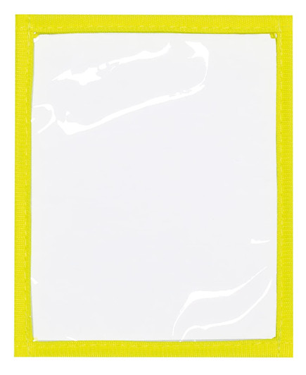 A transparent plastic pocket with a bright yellow border, suitable for holding documents.