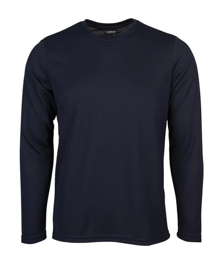 A long-sleeve T-shirt in navy blue with a round neck and a branded label inside.