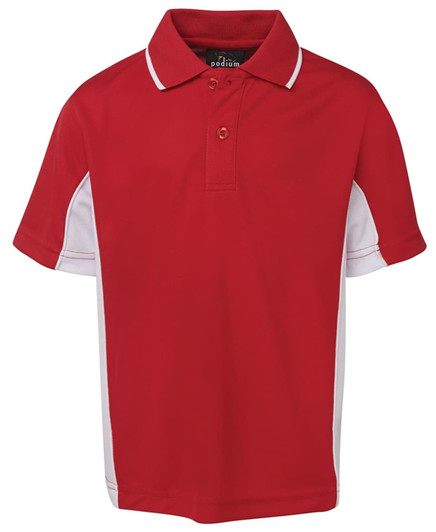 A red polo shirt with white side panels and a collar, featuring a branding logo.
