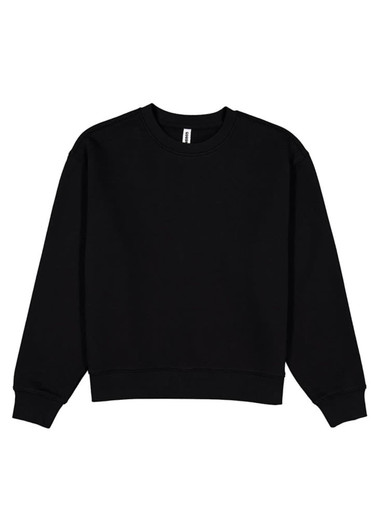 A black crew sweatshirt with long sleeves and a ribbed neckline. The garment features a logo.