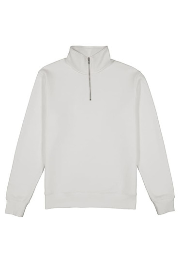 A white men's 1/4 zip jumper with long sleeves and a collar, featuring a zip at the neck and a logo.