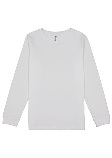 A white long sleeve T-shirt featuring a logo, designed for youth. Simple and classic in style.