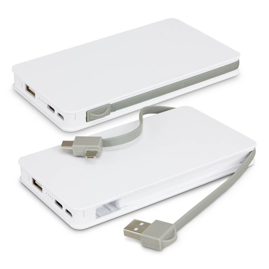 A white wireless charging power bank with a grey cable attached, featuring multiple charging ports and a logo.