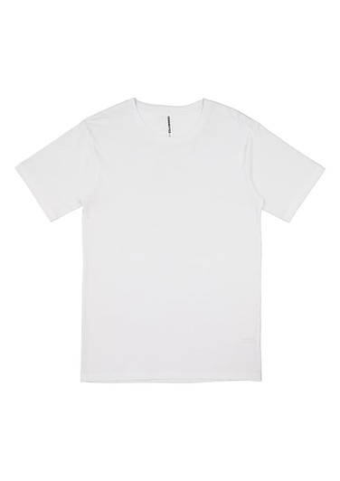 A plain white men's short sleeve tee featuring a simple design and a branding logo.