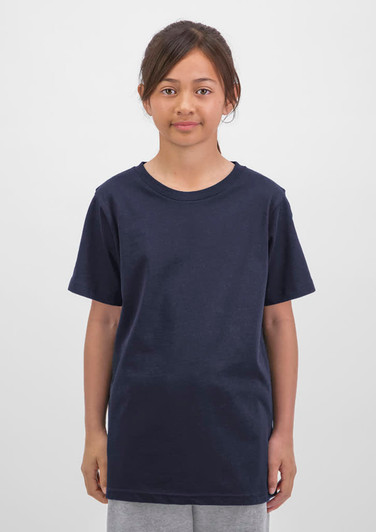 A short sleeve tee in navy blue, featuring a loose fit and a simple design. It has a logo on the front.
