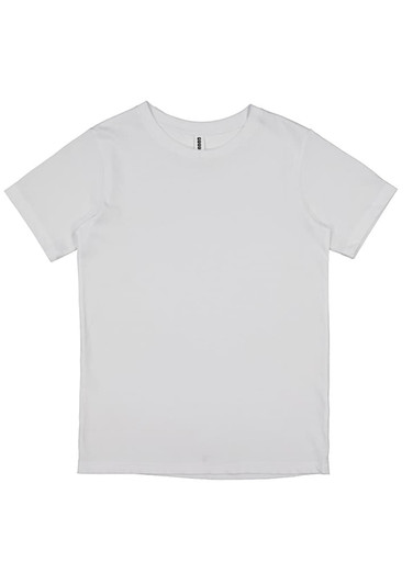 A plain white short sleeve tee featuring a simple design and a label inside the neckline.