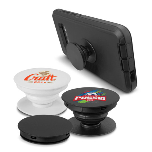 A collection of three phone grips in black and white, designed to attach to a mobile phone for better handling.