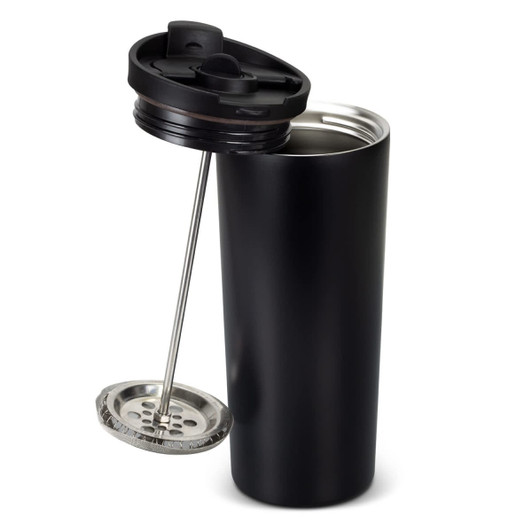 A drink bottle in matte black featuring a removable lid and a coffee press plunger inside. It includes a logo.