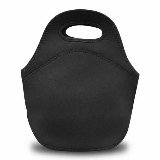 A black neoprene lunch bag featuring a rounded top handle and seamless sides. It has a simple, sleek design.