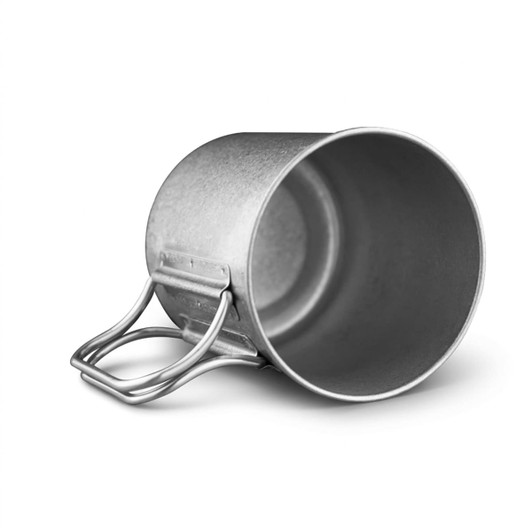 A stainless steel cup with a metallic finish and two handle grips. It has a simple, streamlined design.