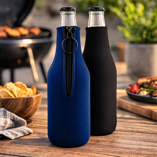 A drink bottle holder in navy and black neoprene, featuring a zip and suitable for standard beverage bottles.