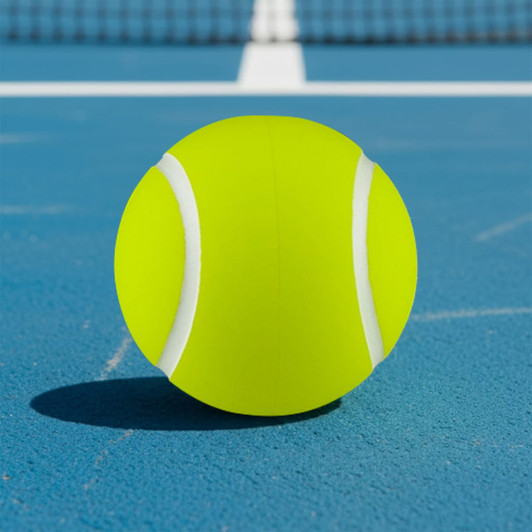 A bright yellow tennis ball sits on a blue court, featuring white stripes and a smooth texture.