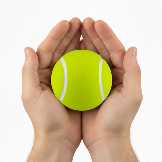 A bright yellow tennis ball is held gently between two hands. The ball features white stripes.
