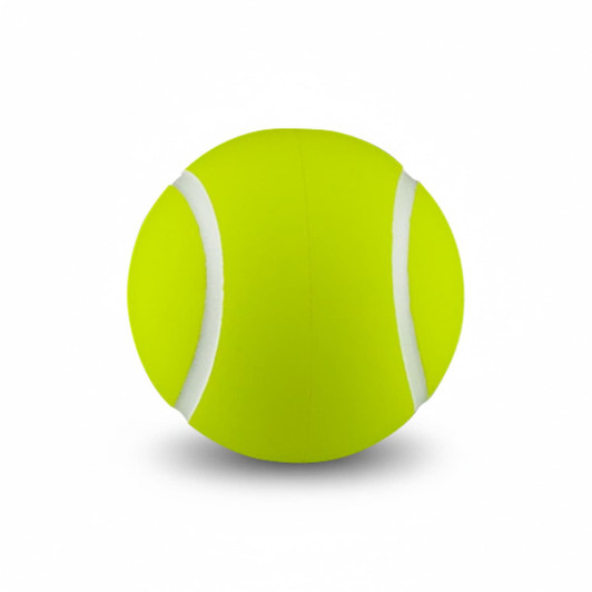 A bright yellow tennis ball featuring white stripes and a smooth surface, with a logo displayed.