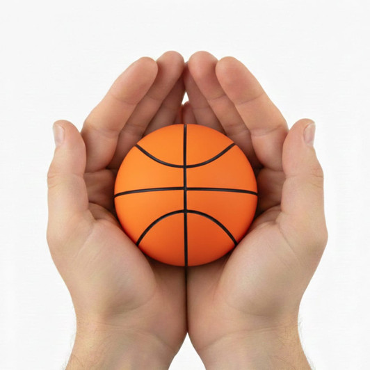 An orange basketball held in two hands, featuring black lines for seam details. The hands cradle the ball gently.
