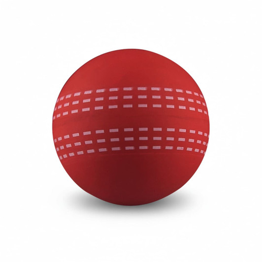 A red high bounce cricket ball with white stitching patterns and a smooth surface. The ball features a logo.
